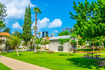 View of wooden houses of Sarona market in Tel Aviv, Israel
