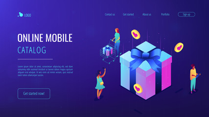 Choosing gift idea isometric 3D landing page.