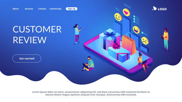 Online gift review isometric 3D landing page.