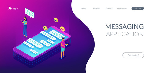 Messaging application isometric 3D landing page.