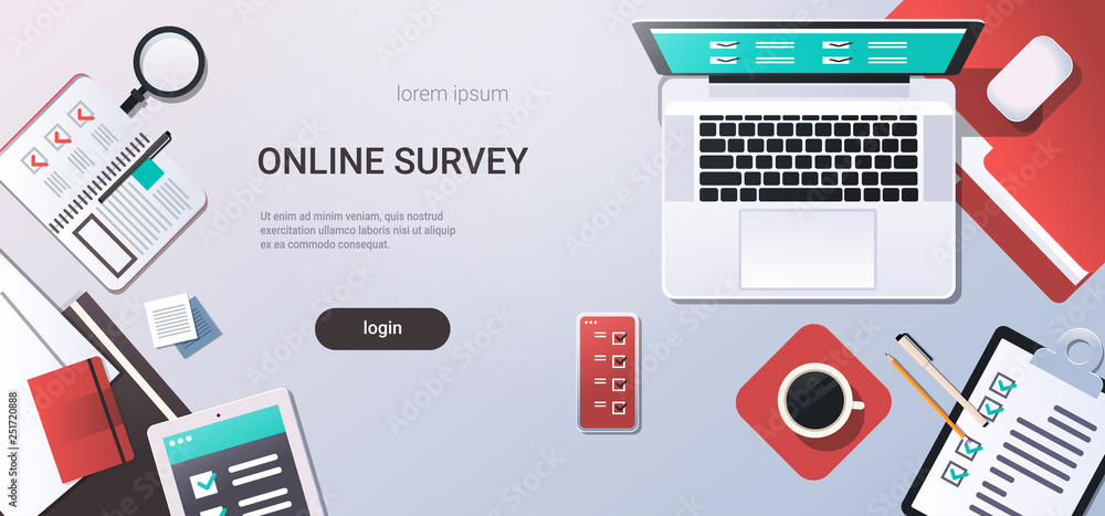 Poster workplace desk online testing questionnaire form survey concept internet quiz laptop computer top an
