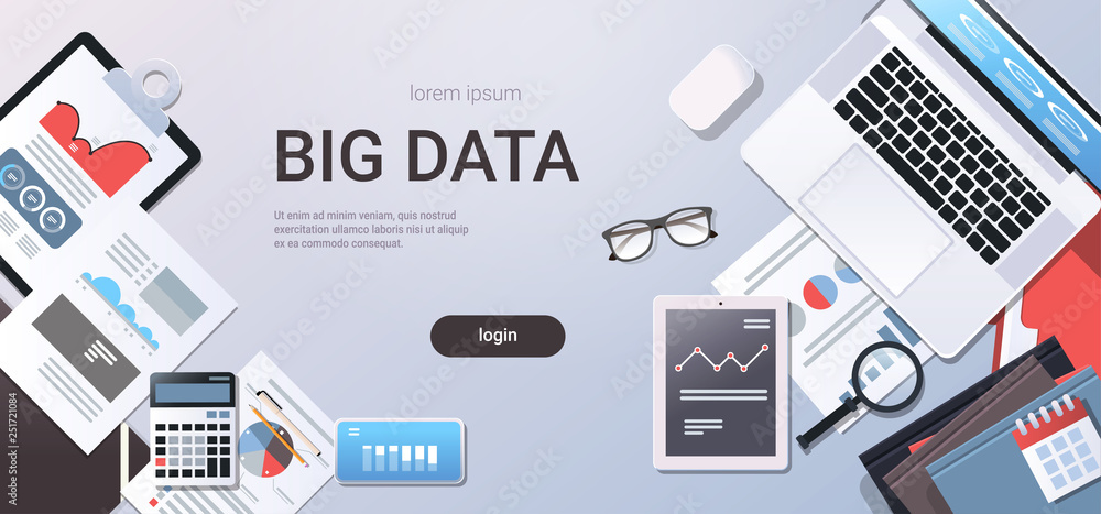 Poster big data concept workplace desk with office stuff top angle view tablet laptop computer paper docume