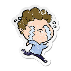 distressed sticker of a cartoon man crying