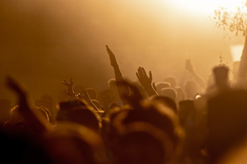 Crowd of fans having fun on music concert at dawn.