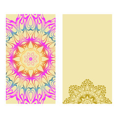 Vintage Cards With Floral Mandala Pattern. Vector Template. The Front And Rear Side. rainbow color