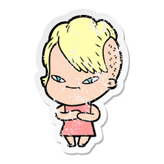 distressed sticker of a cute cartoon girl with hipster haircut