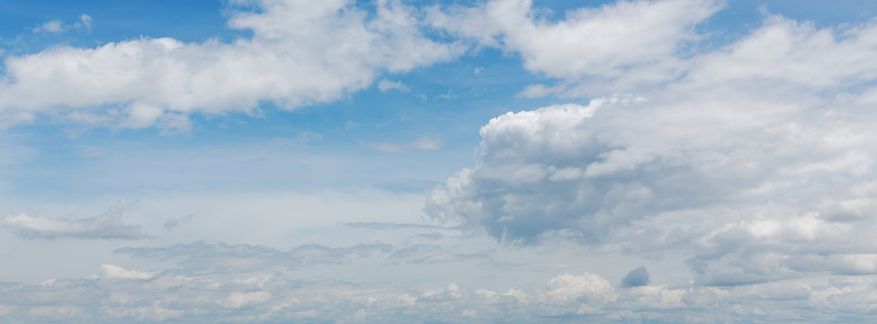 panorama image, dramatic cloud moving above blue sky, cloudy day weather background