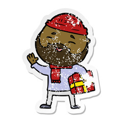 distressed sticker of a cartoon happy bearded man