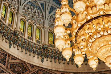Ceiling and chandelier in the Sultan Qaboos Grand Mosque, Oman