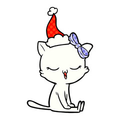 Fototapeta na wymiar comic book style illustration of a cat with bow on head wearing santa hat