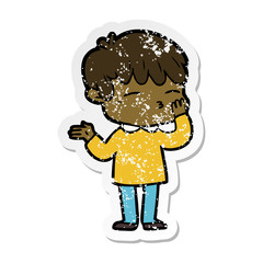 distressed sticker of a cartoon curious boy