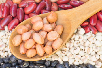 Close up seasoned peanuts with wooden spoon