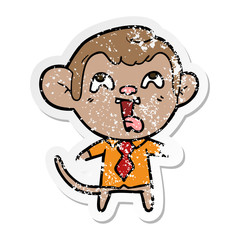 distressed sticker of a crazy cartoon monkey in shirt and tie