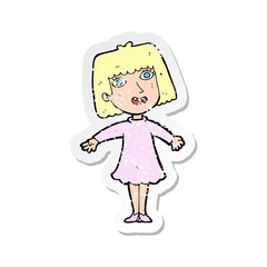 retro distressed sticker of a cartoon happy woman in dress
