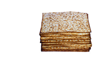 Stack of Matzah on a white background. Pile of Matza -Jewish traditional Passover unleavened bread. Pesach celebration symbol.