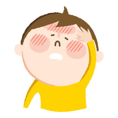 手書き風のイラスト。熱が出て顔が真っ赤な男の子。