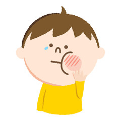 手書き風のイラスト。ほっぺを真っ赤に腫らしてる男の子。