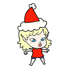 pretty comic book style illustration of a elf girl wearing santa hat