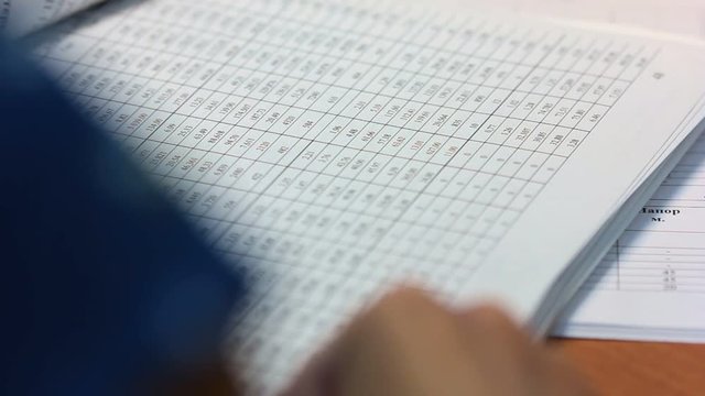 Close-up hand leafing through the document. A lot of tables with numbers