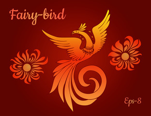 Fototapeta premium Fantastic fire bird or fire bird phoenix. Stylized image of a magic bird and sun on a red background.