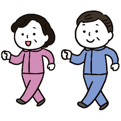 運動・ウォーキングするかわいい中年夫婦/手描き
