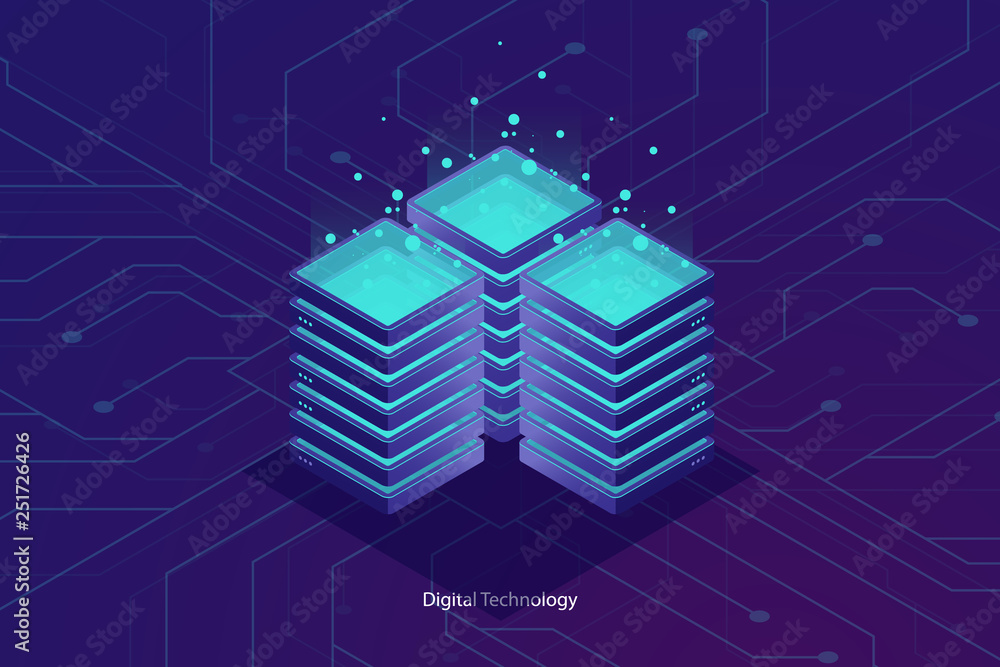 Poster server room, cloud data cloud storage, big data processing concept, networking and internet connceti