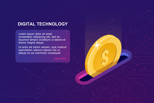 Digital banking online, isometric icon of falling coin, electronic internet purse, financial management online service accumulation and investment of funds, ultraviolet