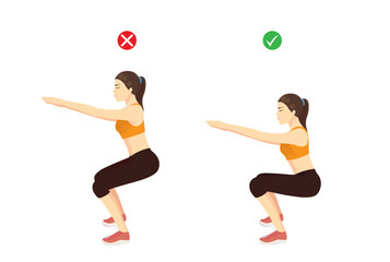 Fototapeta na wymiar Woman doing correct air squat exercise position and wrong for compare. Illustration about workout guide. 