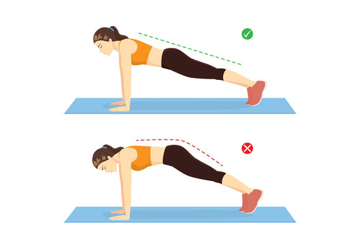 Woman doing correct full plank exercise position and wrong for compare on blue mat. Illustration about workout guide. 