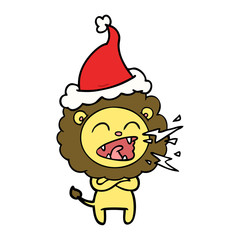 line drawing of a roaring lion wearing santa hat