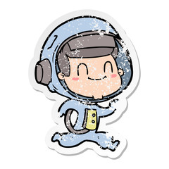 distressed sticker of a happy cartoon astronaut
