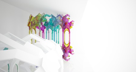 Abstract white and colored gradient glasses gothic interior. 3D illustration and rendering.