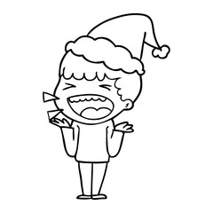 line drawing of a laughing man wearing santa hat