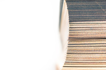 Top View of the Fore Edge, Closed Pages of a Bookmarked Hardcover Book Isolated On White...