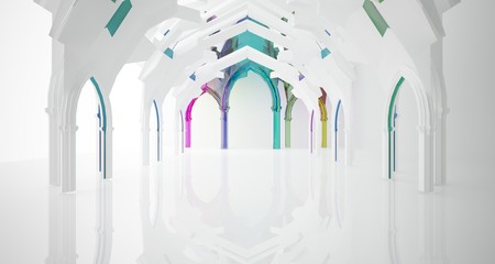 Abstract white and colored gradient glasses gothic interior. 3D illustration and rendering.
