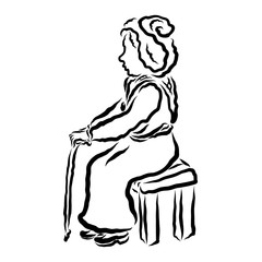 An old woman sits on a bench or chair with a cane in her hands
