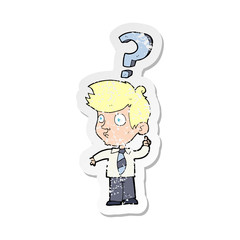 retro distressed sticker of a cartoon man asking question