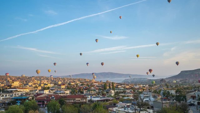 Cappadocia city skyline with view of balloon flying in Goreme, Turkey