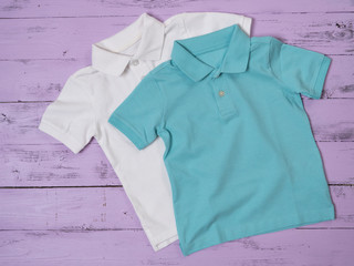 Clothes for men, kids, boys (cotton pique polo). Spring summer collection, classic look, fashion concept. Flat lay, view from above