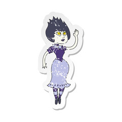 retro distressed sticker of a cartoon vampire girl waving