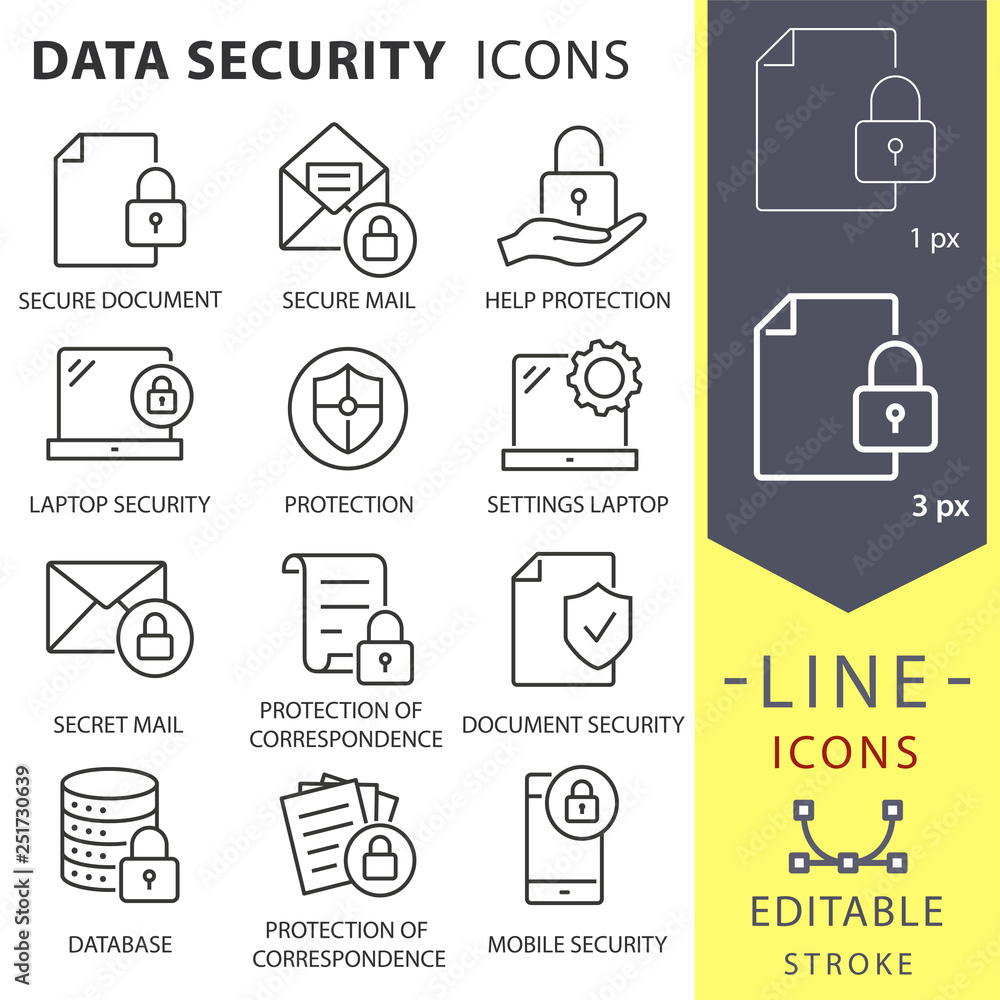 Poster data security line icons set. black vector illustration. editable stroke.