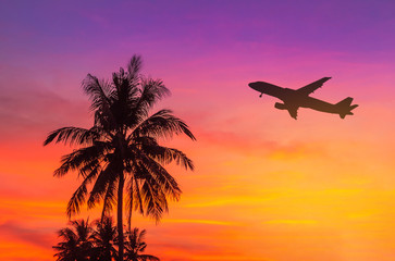 sunset on tropical beach with coconut palm trees during silhouette airplane flying take off over - 251730805