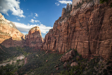 High Perspective of Angel's Landing in Zion National Park taken from a rock climbing route down canyon