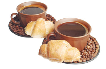 Cup with coffee, coffee beans and croissants on a white background