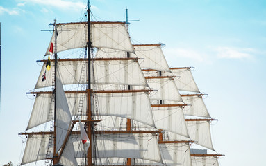 Scene of the sailing boat anchoring in the port of the day when it was fine
