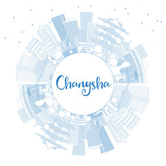 Outline Changsha China City Skyline with Blue Buildings and Copy Space.