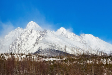 View of the High Tatras mountains with the peaks covered with snow from Horny Smokovec. Is a ski village located in Slovakia at an altitude of 950 m a.s.l. - obrazy, fototapety, plakaty