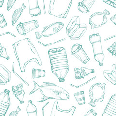 Ocean pollution seamless pattern. Vector illustration Hand drawn doodle symbols collection. Bag, Bottle, Package, Contamination, disposable dish, straw and fish. Keep the sea, plastic free concept.