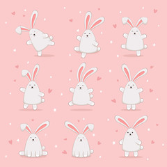Set of Happy Easter Rabbits on Pink Background