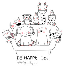 Fototapeta premium Cute baby animal with sofa cartoon hand drawn style,for printing,product,banner,t shirt.vector illustration